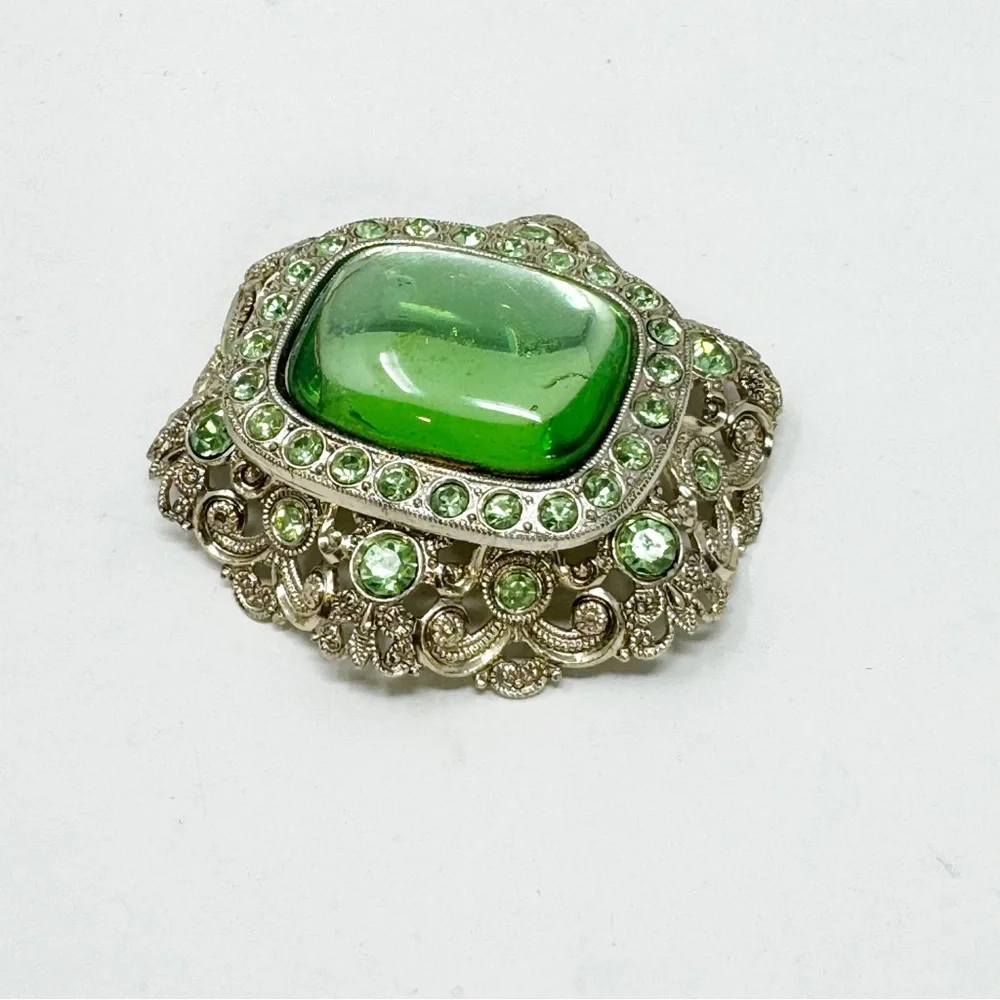 West Germany Pale Green Victorian Style Vintage Brooch Very Lightweight Metal
